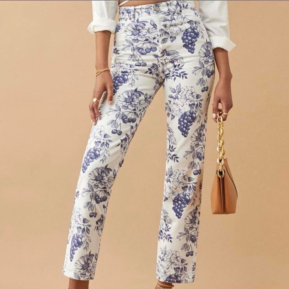 Reformation Cynthia White and Blue Toile Patterned Jeans